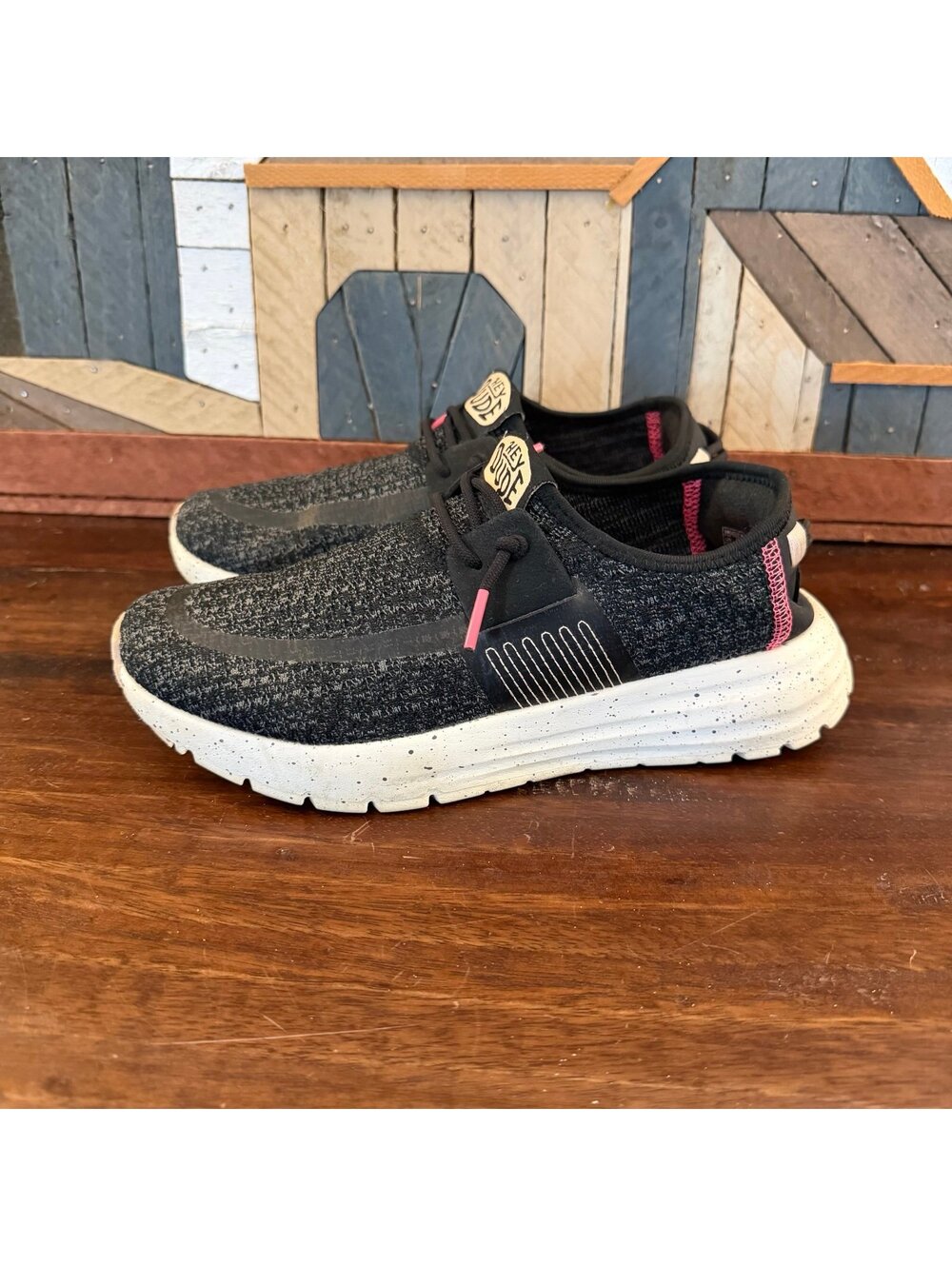 Hey Dude Women's Sirocco Sport Stripe Slip On Sneakers Black Pink Size W6